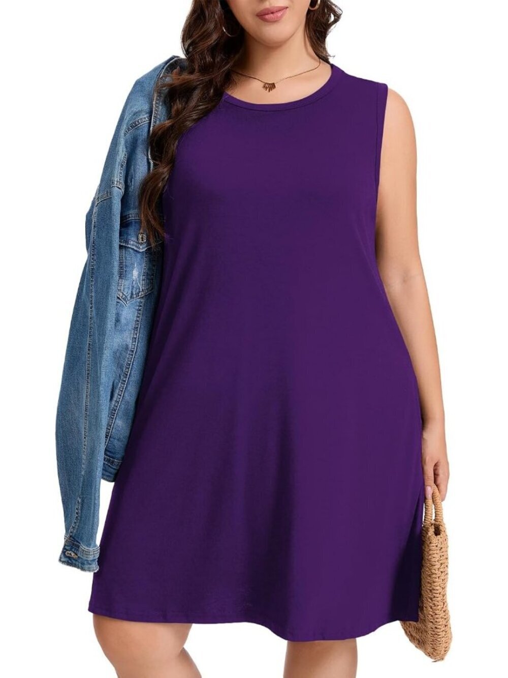 Women's Purple Floral Stylish Sleeveless Pockets Beach T-shirt Tank Mini Dress
